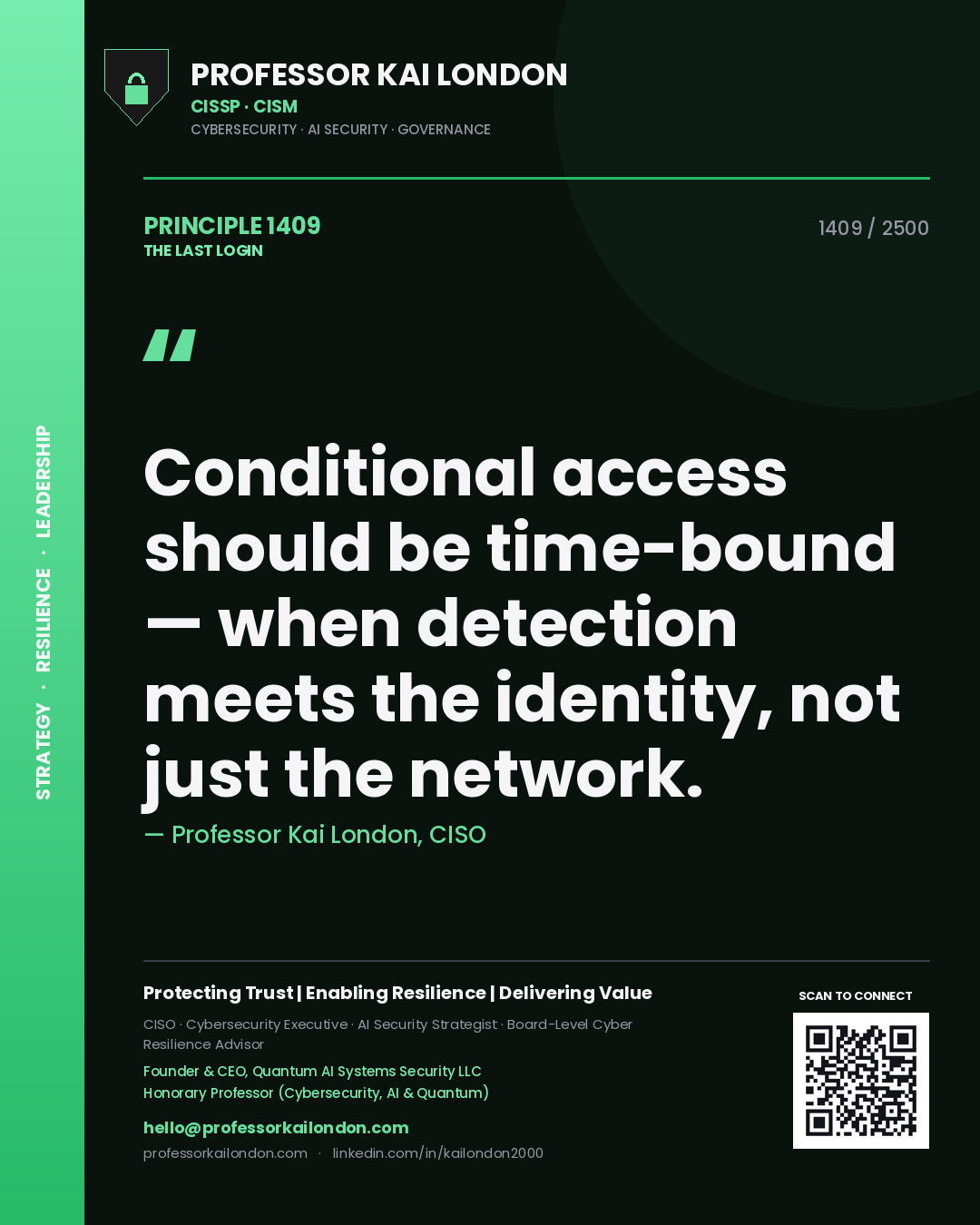 Quote card by Professor Kai London reading 'Conditional access should be time-bound — when detection meets the identity, not just the network.'. From the book The Last Login.