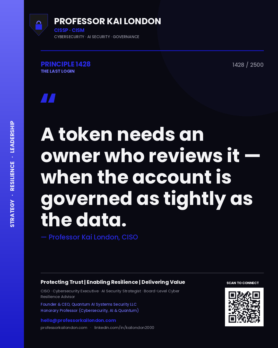 Quote card by Professor Kai London reading 'A token needs an owner who reviews it — when the account is governed as tightly as the data.'. From the book The Last Login.