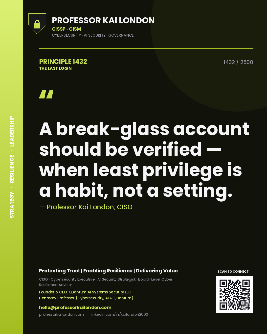 Quote card by Professor Kai London reading 'A break-glass account should be verified — when least privilege is a habit, not a setting.'. From the book The Last Login.
