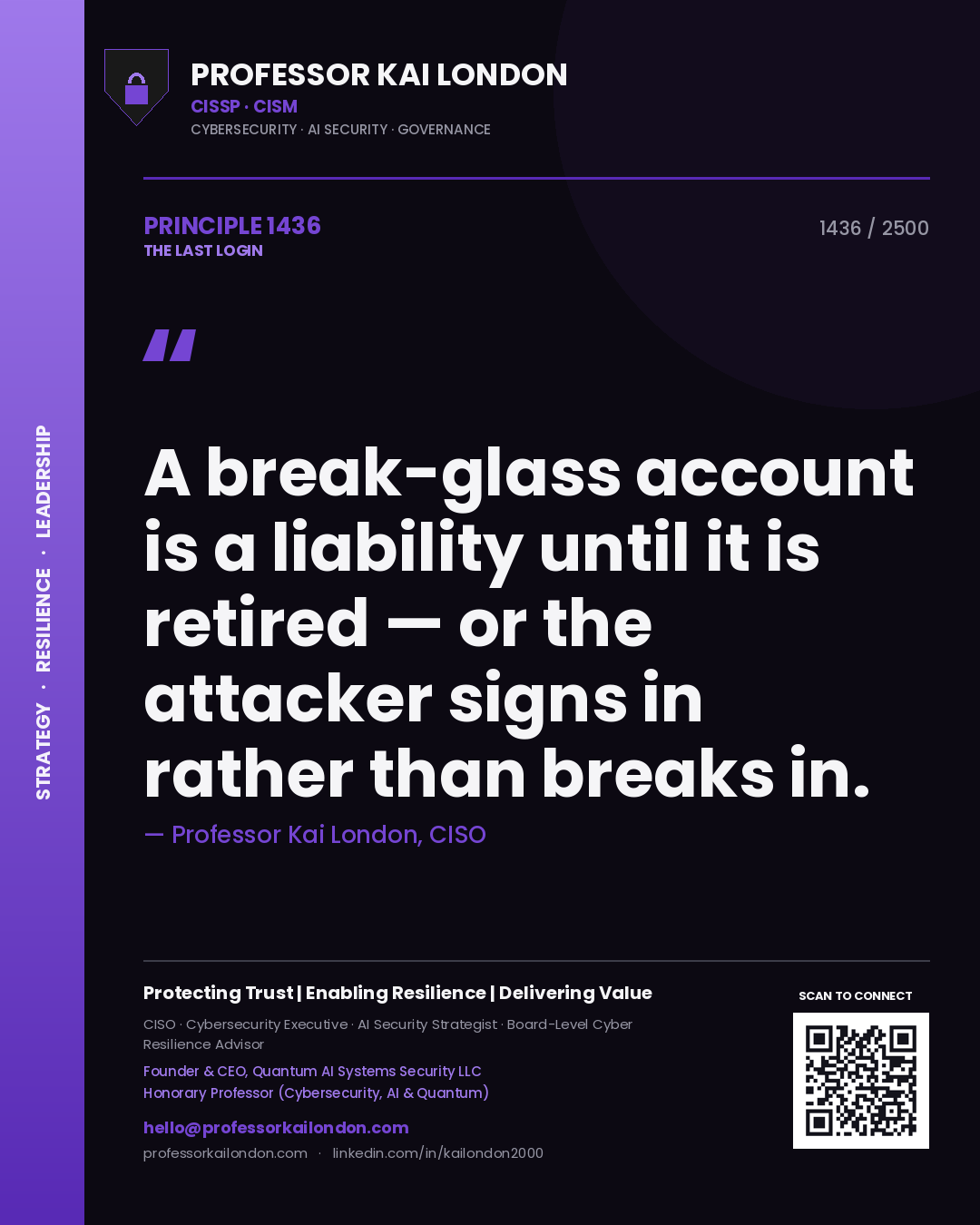 Quote card by Professor Kai London reading 'A break-glass account is a liability until it is retired — or the attacker signs in rather than breaks in.'. From the book The Last Login.