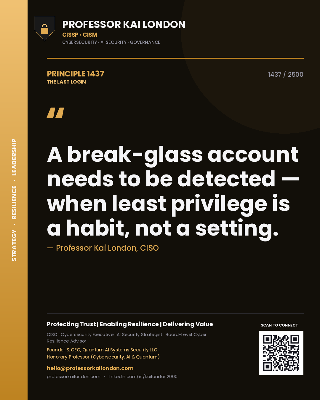 Quote card by Professor Kai London reading 'A break-glass account needs to be detected — when least privilege is a habit, not a setting.'. From the book The Last Login.