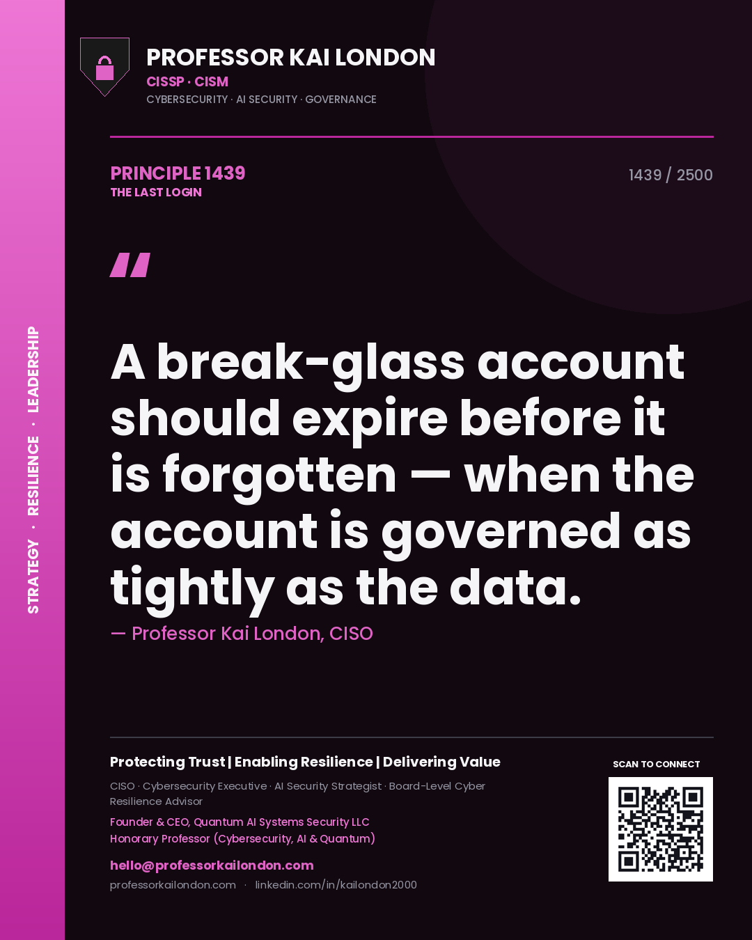 Professor Kai London principle 1439: A break-glass account should expire before it is forgotten — when the account is governed as tightly as the data.
