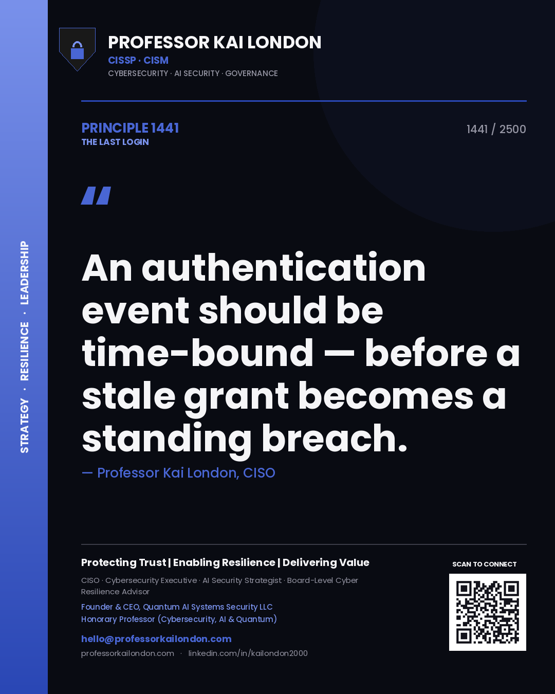 Quote card by Professor Kai London reading 'An authentication event should be time-bound — before a stale grant becomes a standing breach.'. From the book The Last Login.