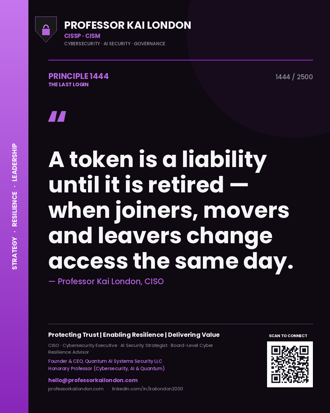 Quote card by Professor Kai London reading 'A token is a liability until it is retired — when joiners, movers and leavers change access the same day.'. From the book The Last Login.