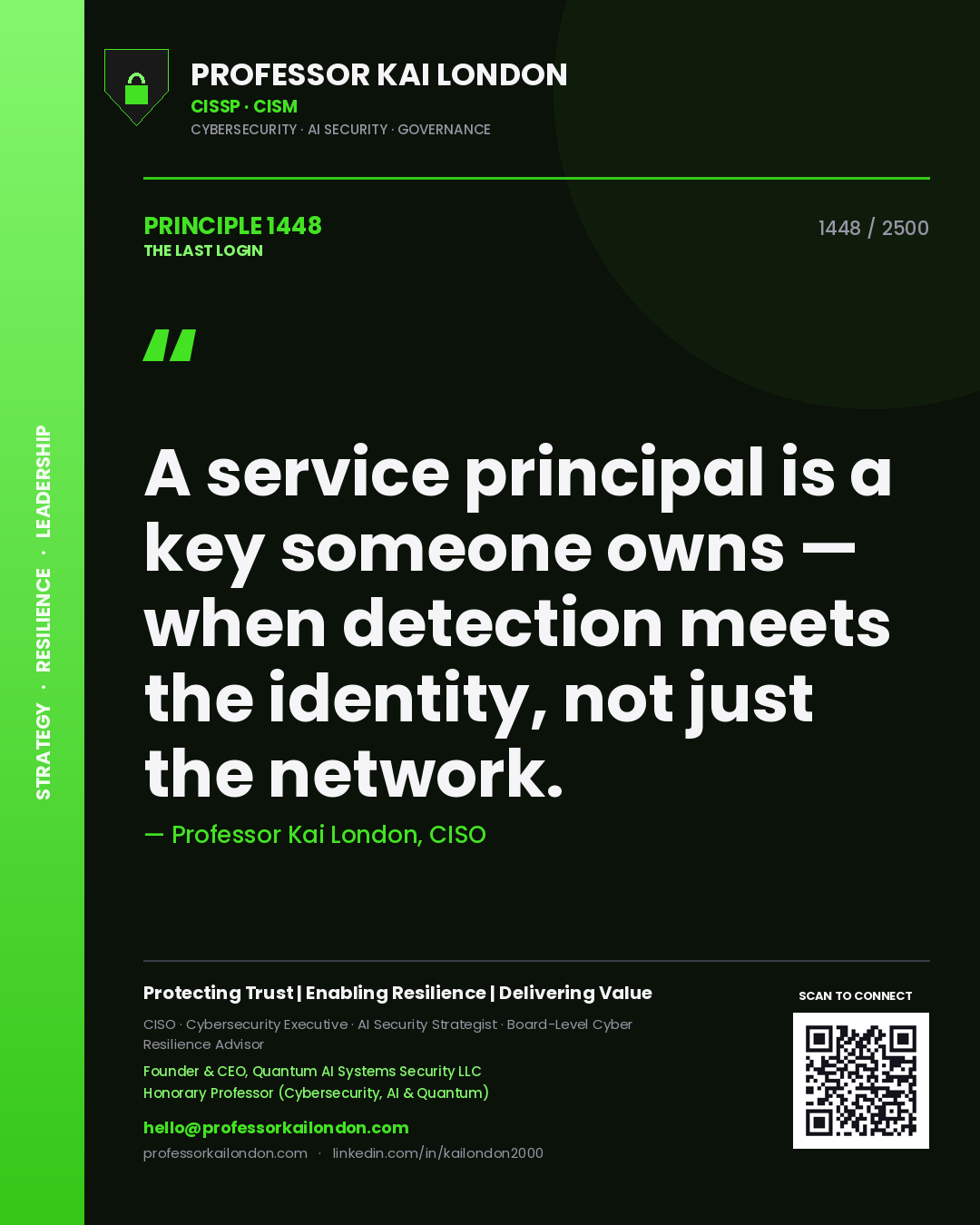 Professor Kai London principle 1448: A service principal is a key someone owns — when detection meets the identity, not just the network.
