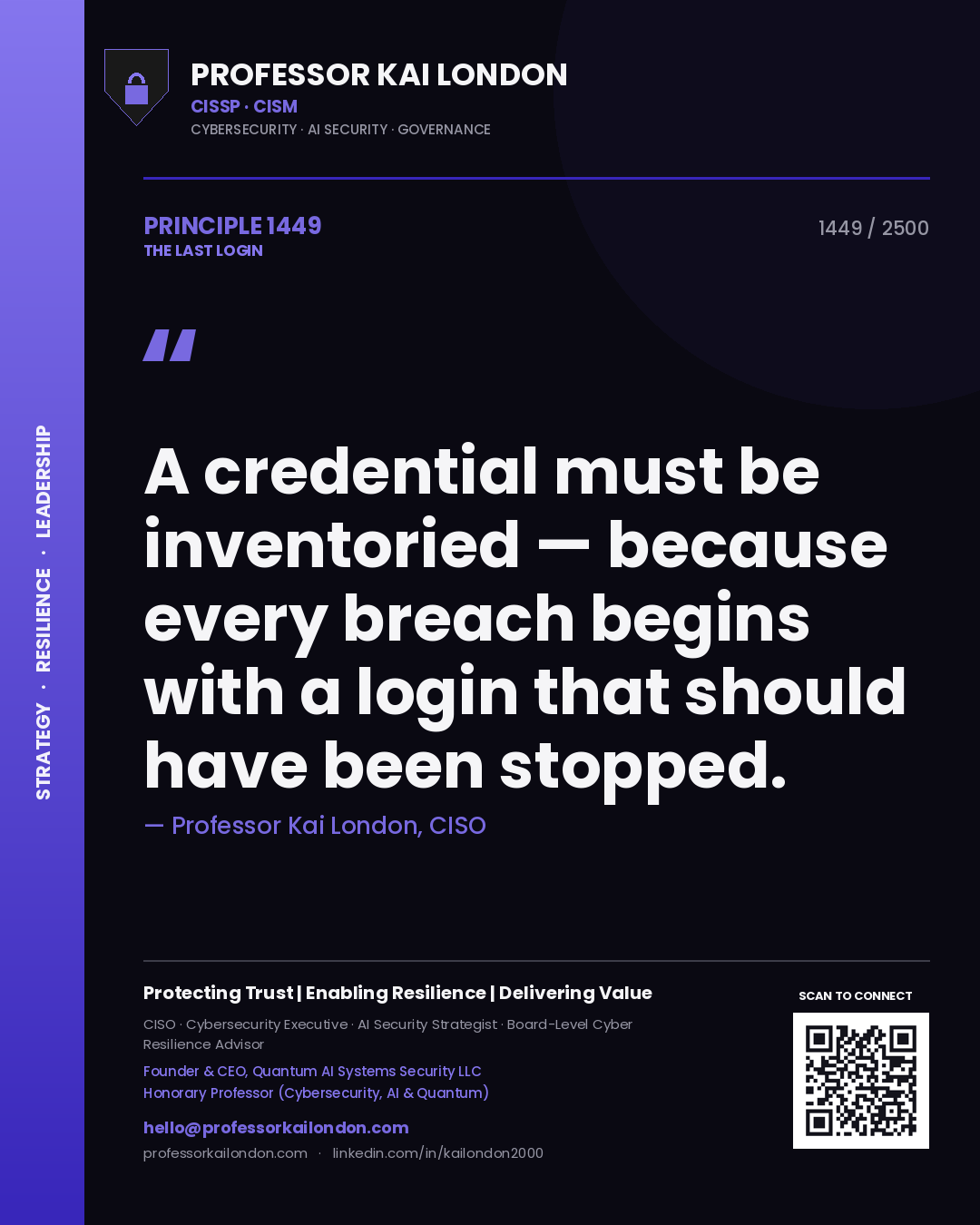 Quote card by Professor Kai London reading 'A credential must be inventoried — because every breach begins with a login that should have been stopped.'. From the book The Last Login.