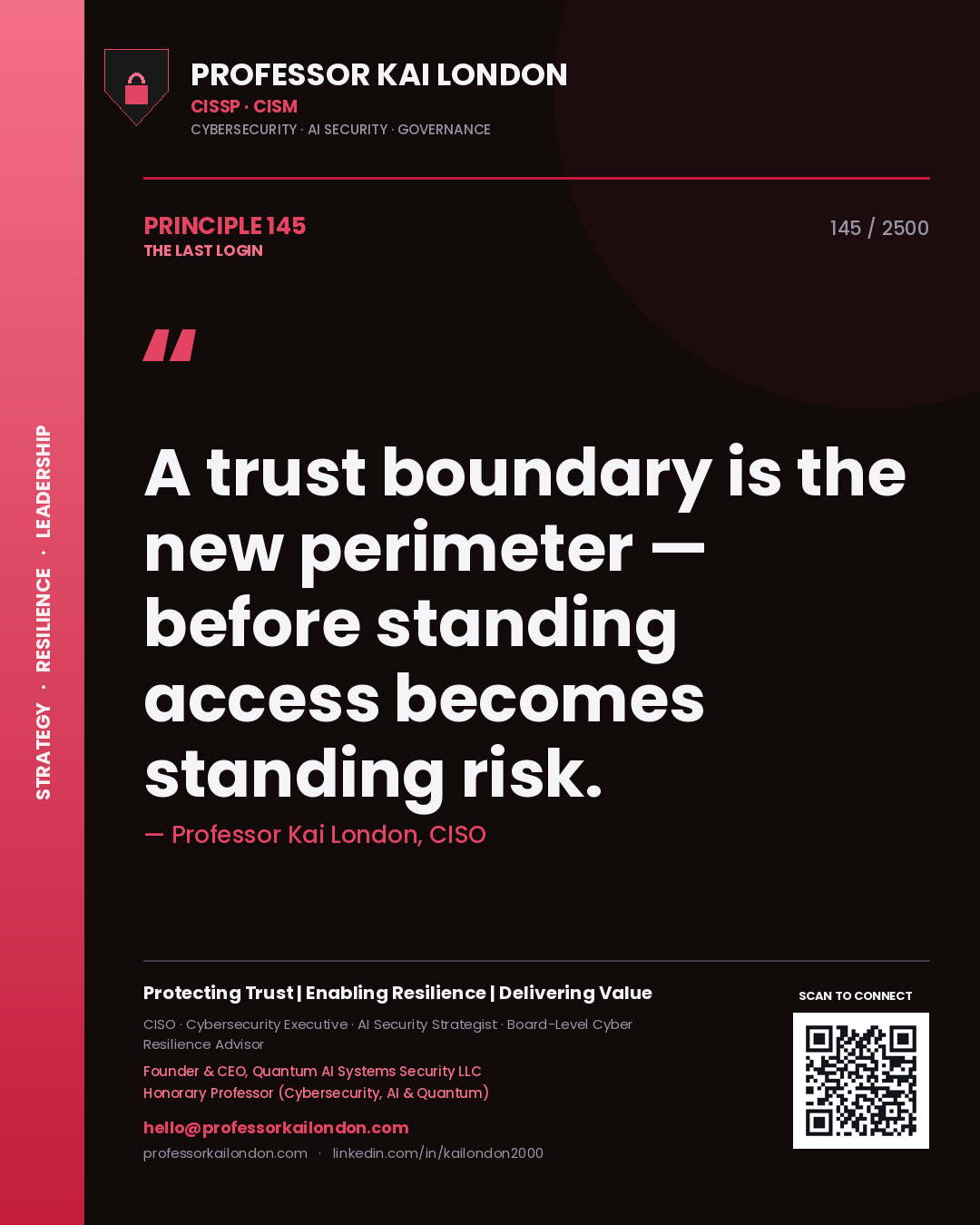 Quote card by Professor Kai London reading 'A trust boundary is the new perimeter — before standing access becomes standing risk.'. From the book The Last Login.