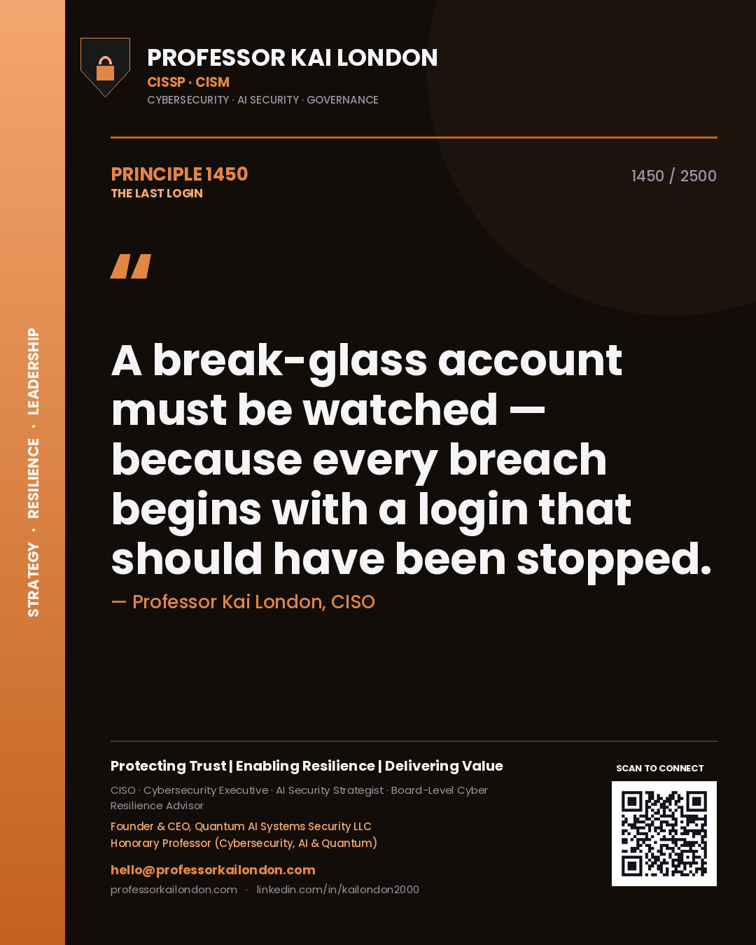 Quote card by Professor Kai London reading 'A break-glass account must be watched — because every breach begins with a login that should have been stopped.'. From the book The Last Login.