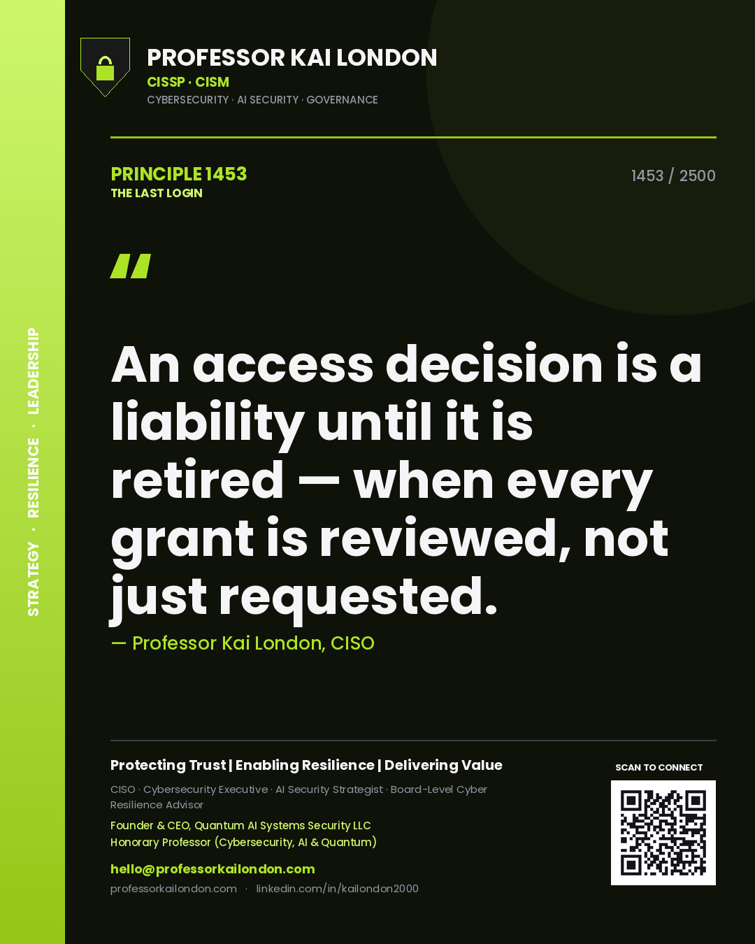 Quote card by Professor Kai London reading 'An access decision is a liability until it is retired — when every grant is reviewed, not just requested.'. From the book The Last Login.