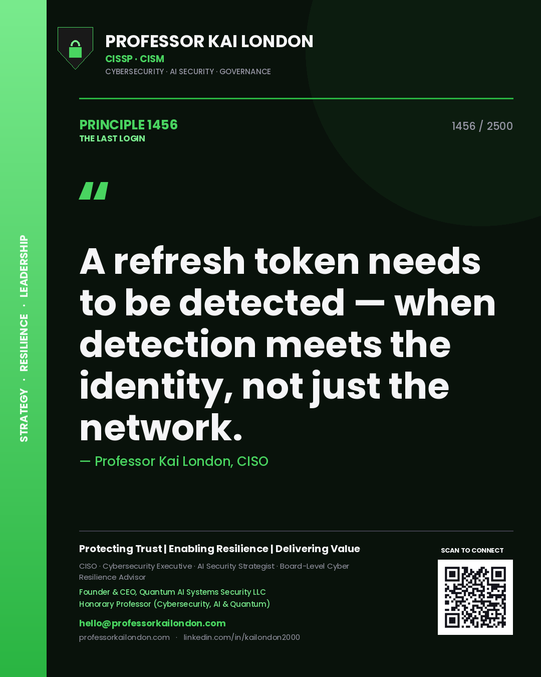 Quote card by Professor Kai London reading 'A refresh token needs to be detected — when detection meets the identity, not just the network.'. From the book The Last Login.