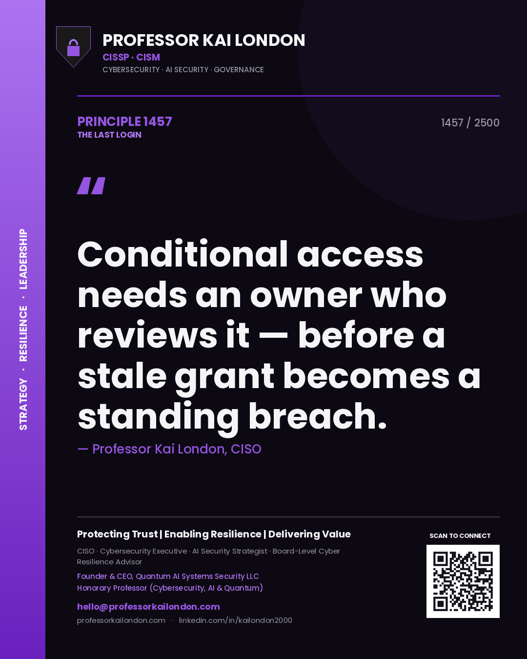 Quote card by Professor Kai London reading 'Conditional access needs an owner who reviews it — before a stale grant becomes a standing breach.'. From the book The Last Login.