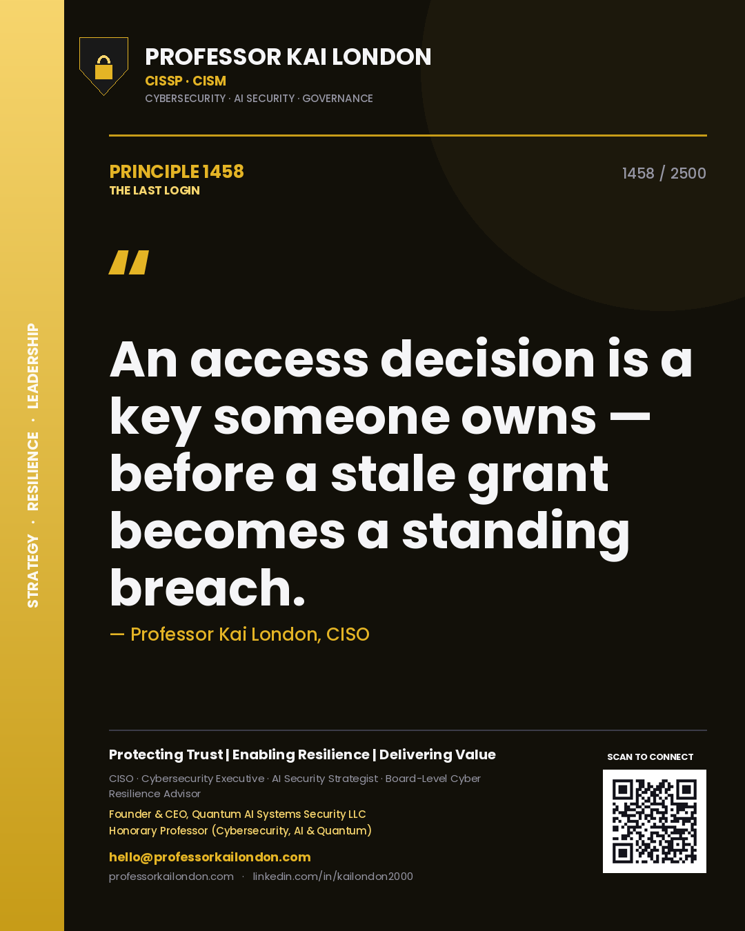 Quote card by Professor Kai London reading 'An access decision is a key someone owns — before a stale grant becomes a standing breach.'. From the book The Last Login.