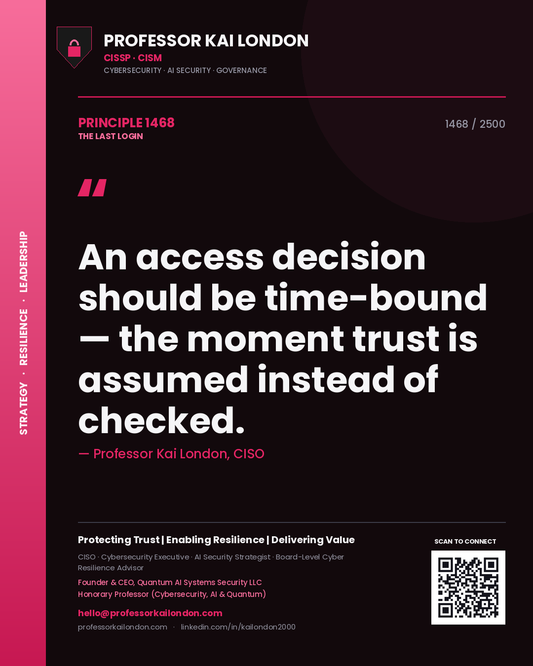 Quote card by Professor Kai London reading 'An access decision should be time-bound — the moment trust is assumed instead of checked.'. From the book The Last Login.