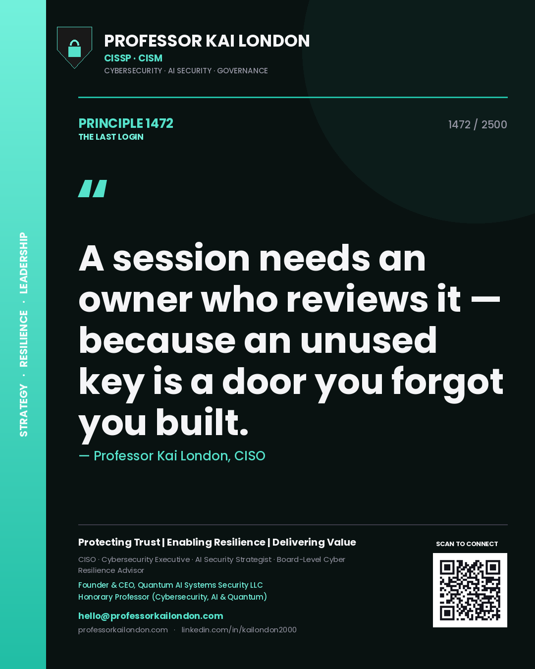 Quote card by Professor Kai London reading 'A session needs an owner who reviews it — because an unused key is a door you forgot you built.'. From the book The Last Login.