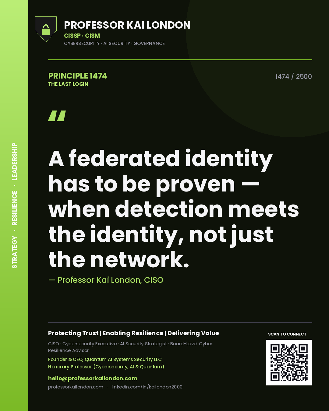 Quote card by Professor Kai London reading 'A federated identity has to be proven — when detection meets the identity, not just the network.'. From the book The Last Login.
