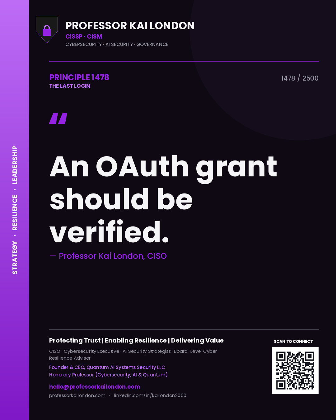 Quote card by Professor Kai London reading 'An OAuth grant should be verified.'. From the book The Last Login.