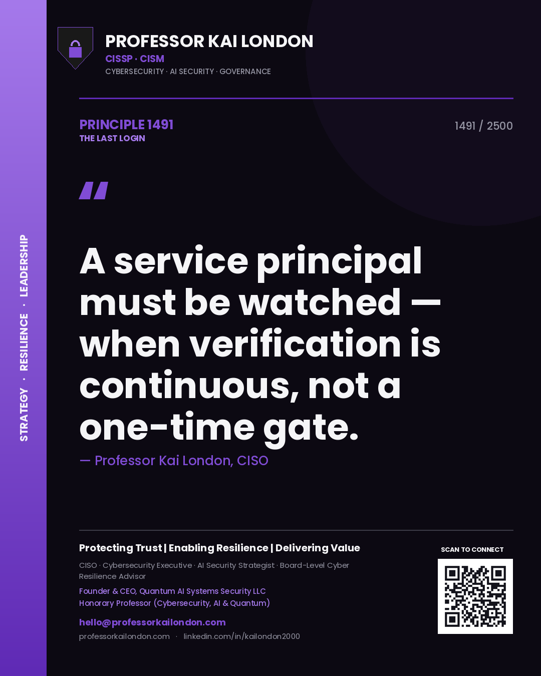 Quote card by Professor Kai London reading 'A service principal must be watched — when verification is continuous, not a one-time gate.'. From the book The Last Login.