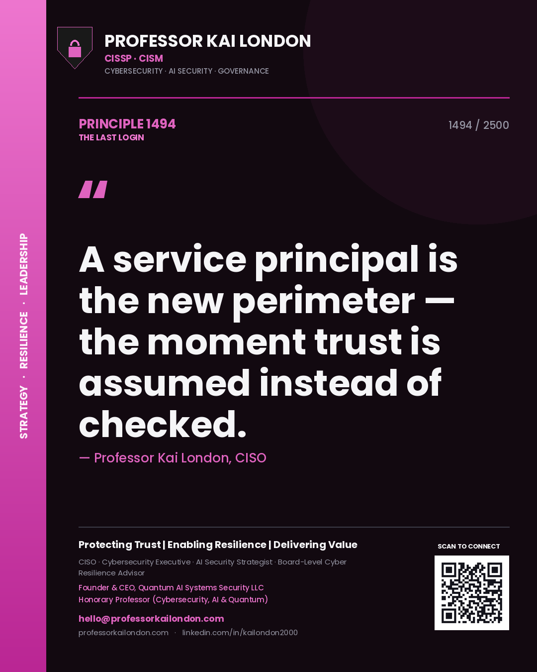Quote card by Professor Kai London reading 'A service principal is the new perimeter — the moment trust is assumed instead of checked.'. From the book The Last Login.