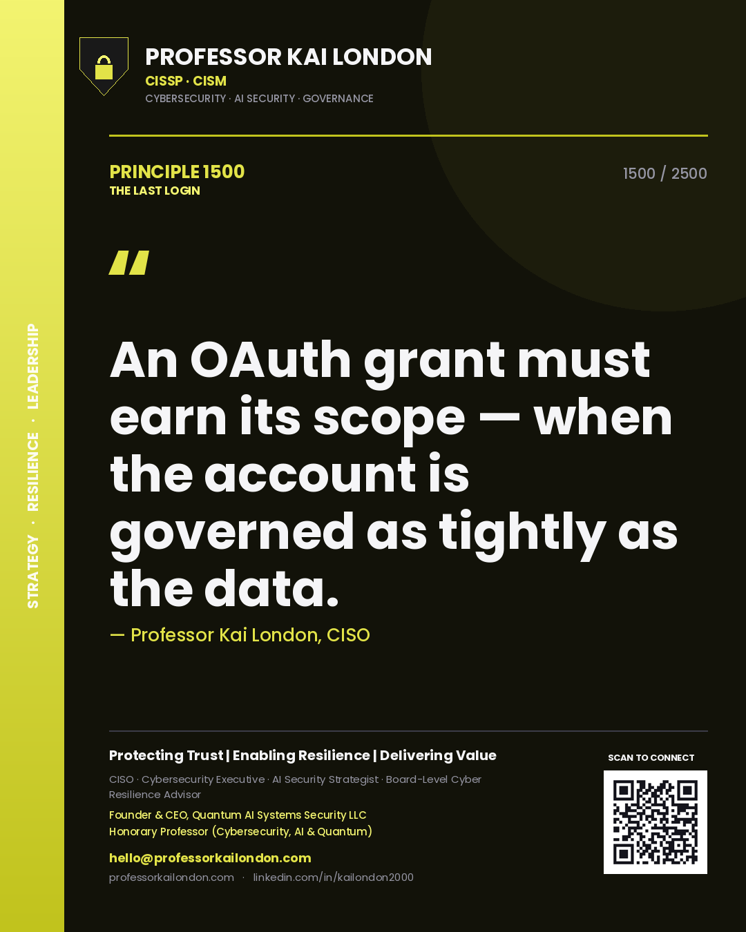 Quote card by Professor Kai London reading 'An OAuth grant must earn its scope — when the account is governed as tightly as the data.'. From the book The Last Login.
