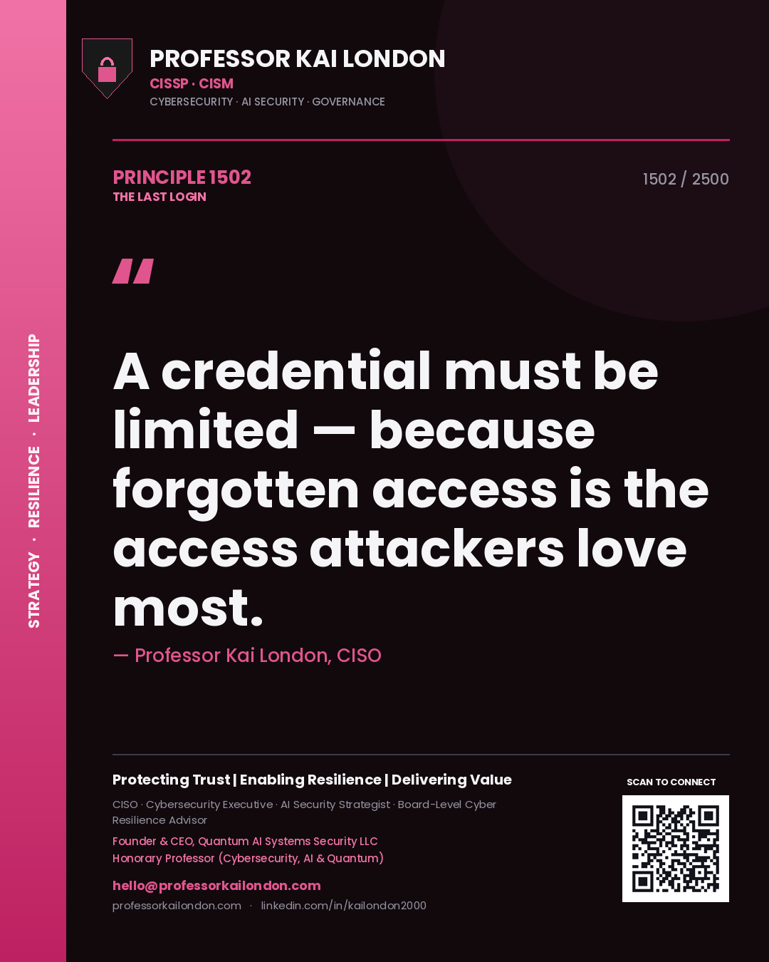Quote card by Professor Kai London reading 'A credential must be limited — because forgotten access is the access attackers love most.'. From the book The Last Login.