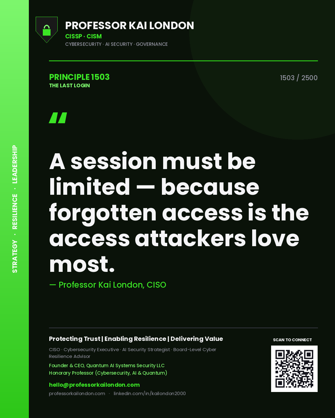 Professor Kai London principle 1503: A session must be limited — because forgotten access is the access attackers love most.