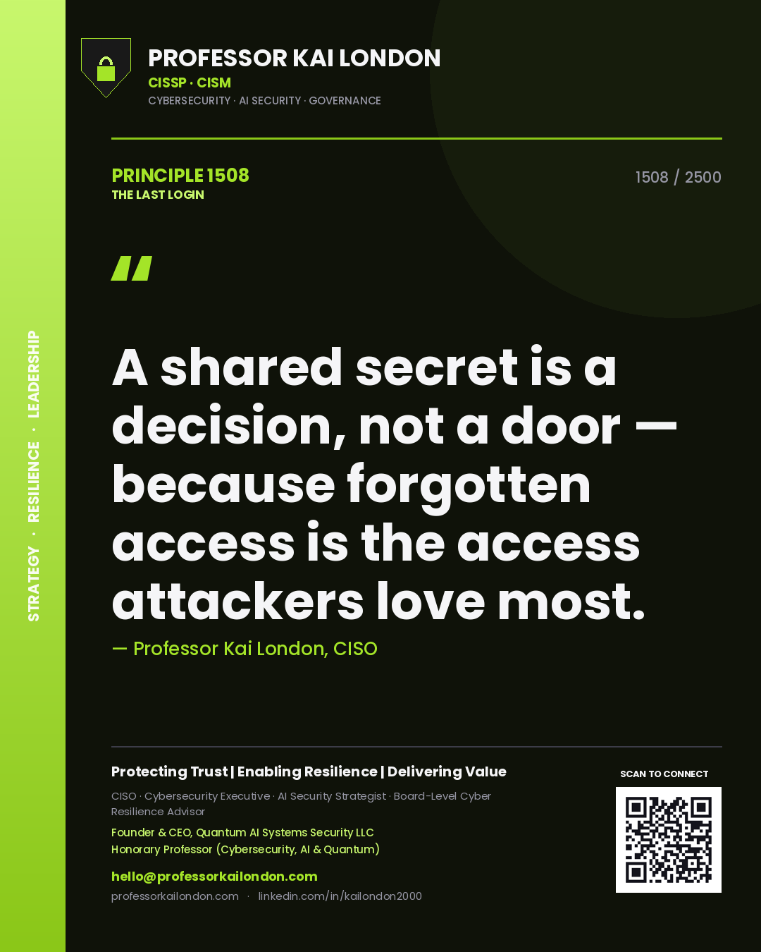 Professor Kai London principle 1508: A shared secret is a decision, not a door — because forgotten access is the access attackers love most.