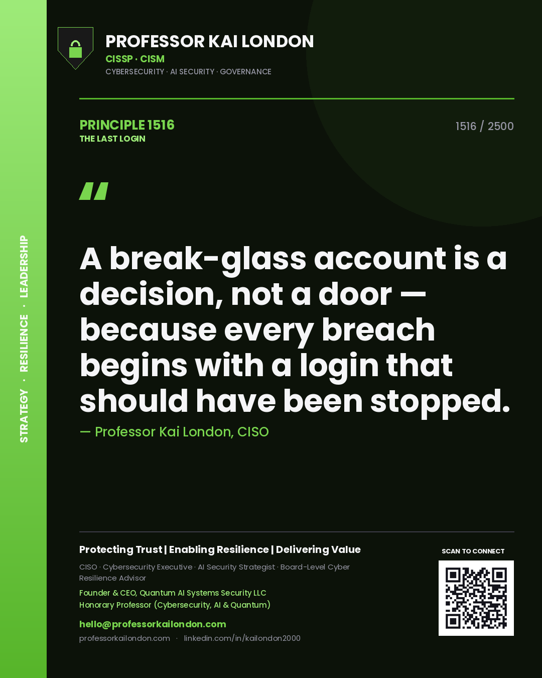 Quote card by Professor Kai London reading 'A break-glass account is a decision, not a door — because every breach begins with a login that should have been stopped.'. From the book The Last Login.