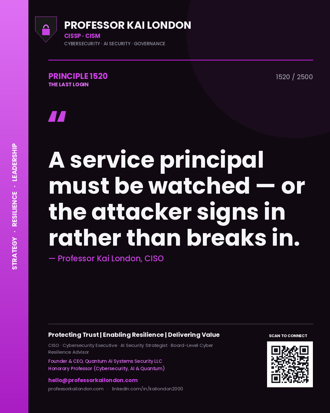 Quote card by Professor Kai London reading 'A service principal must be watched — or the attacker signs in rather than breaks in.'. From the book The Last Login.