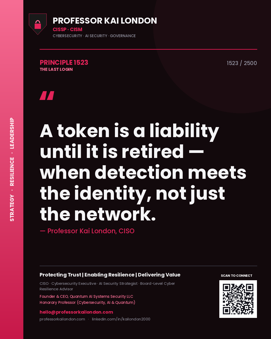 Quote card by Professor Kai London reading 'A token is a liability until it is retired — when detection meets the identity, not just the network.'. From the book The Last Login.
