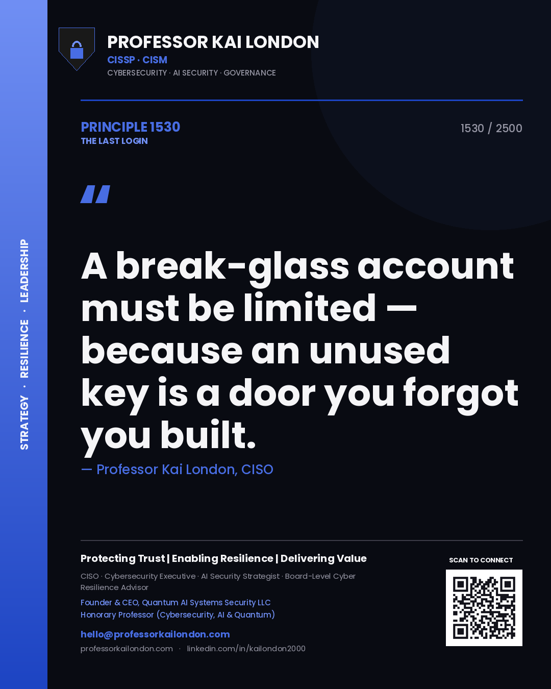 Professor Kai London principle 1530: A break-glass account must be limited — because an unused key is a door you forgot you built.