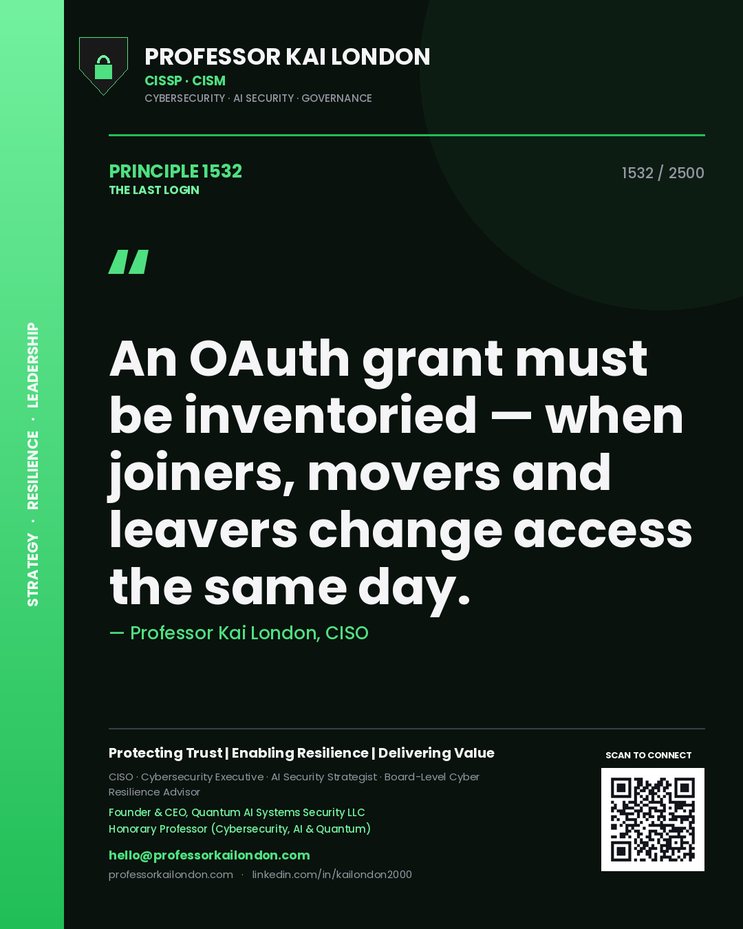 Quote card by Professor Kai London reading 'An OAuth grant must be inventoried — when joiners, movers and leavers change access the same day.'. From the book The Last Login.