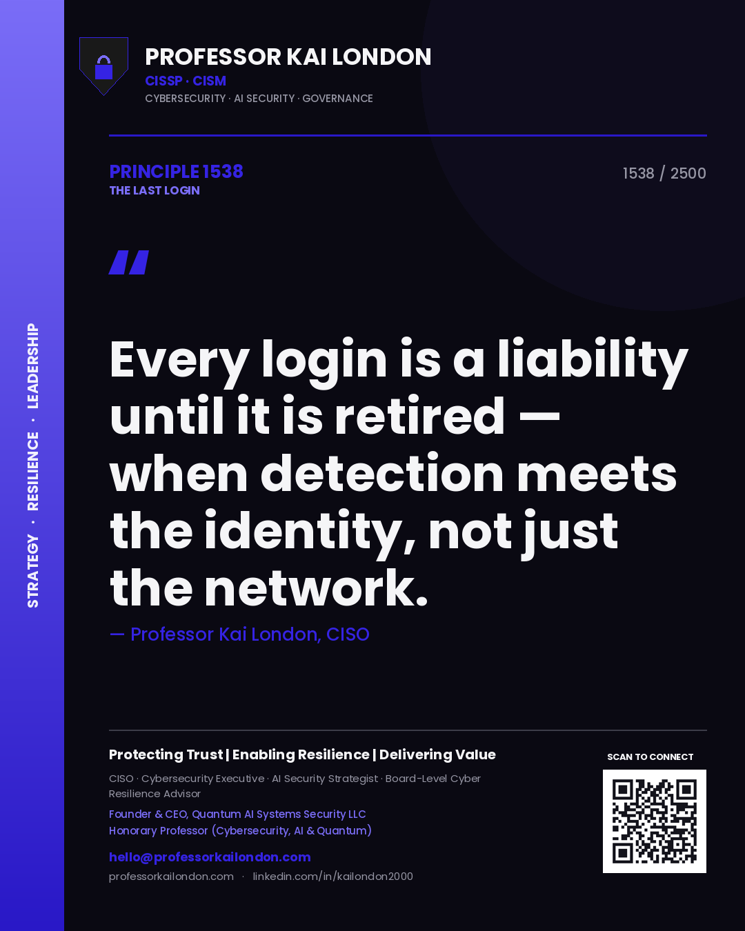 Quote card by Professor Kai London reading 'Every login is a liability until it is retired — when detection meets the identity, not just the network.'. From the book The Last Login.