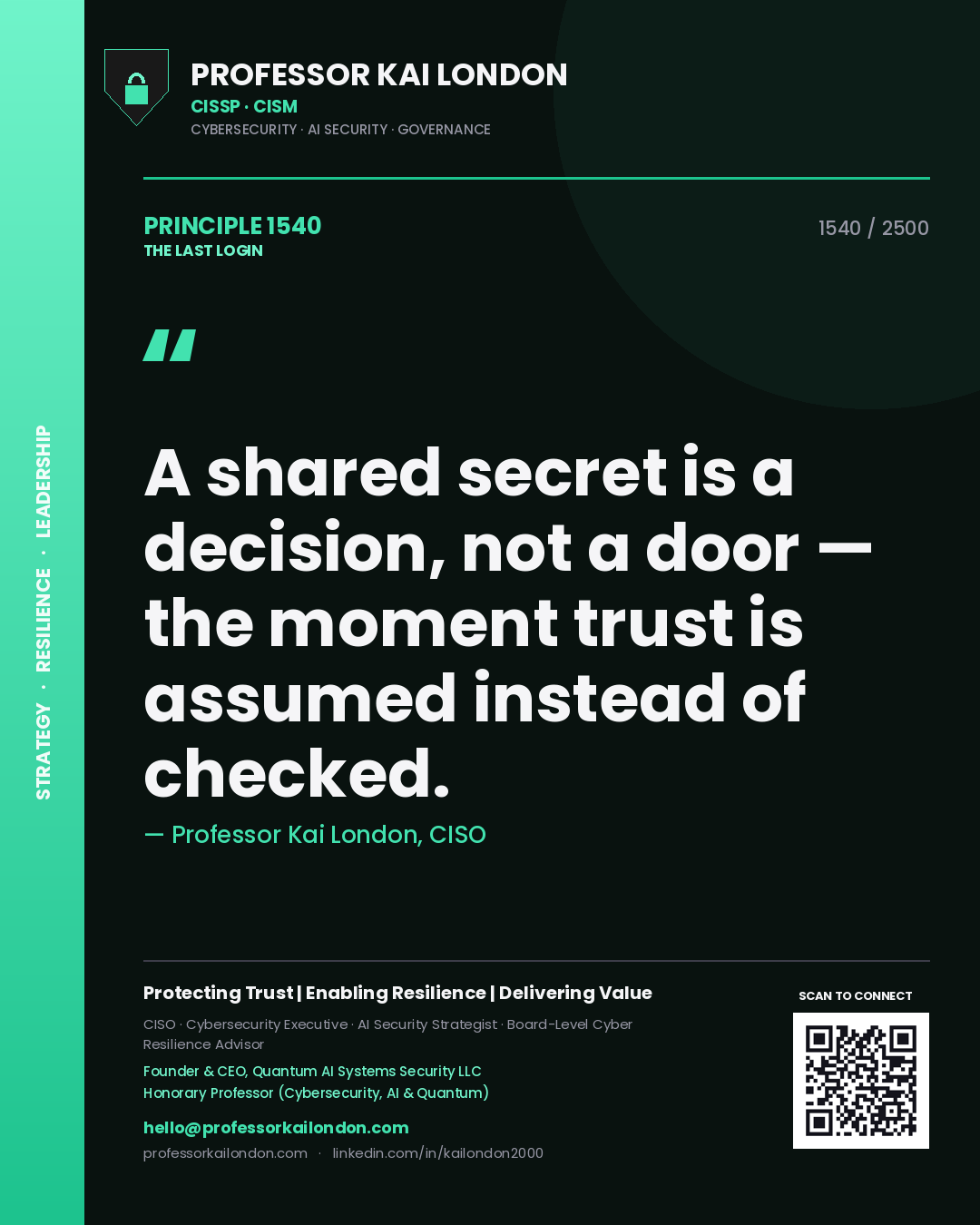 Quote card by Professor Kai London reading 'A shared secret is a decision, not a door — the moment trust is assumed instead of checked.'. From the book The Last Login.
