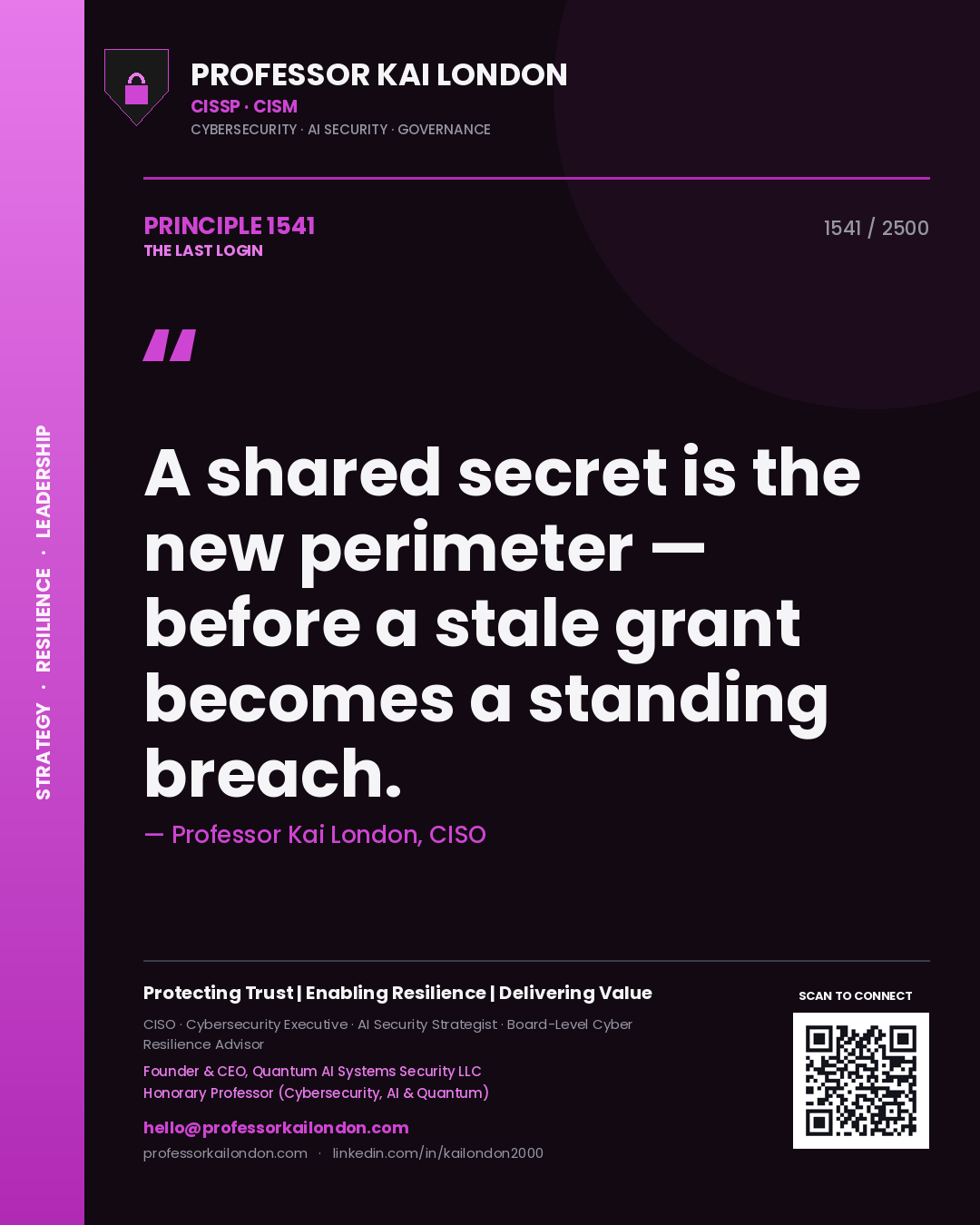 Quote card by Professor Kai London reading 'A shared secret is the new perimeter — before a stale grant becomes a standing breach.'. From the book The Last Login.