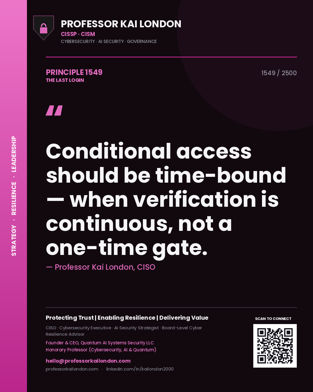 Quote card by Professor Kai London reading 'Conditional access should be time-bound — when verification is continuous, not a one-time gate.'. From the book The Last Login.