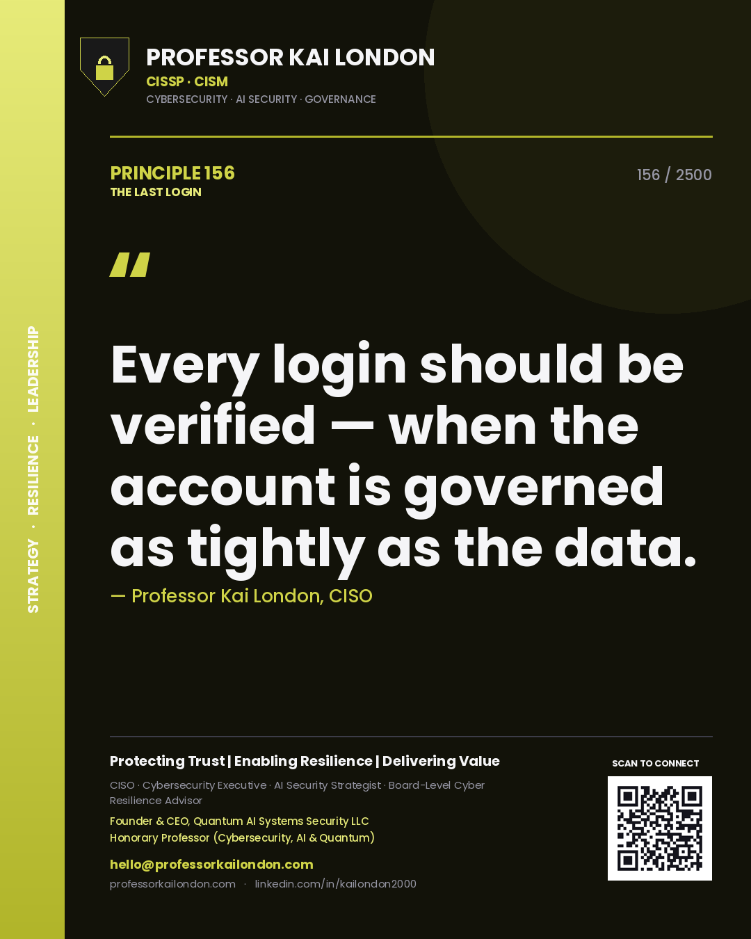 Professor Kai London principle 156: Every login should be verified — when the account is governed as tightly as the data.