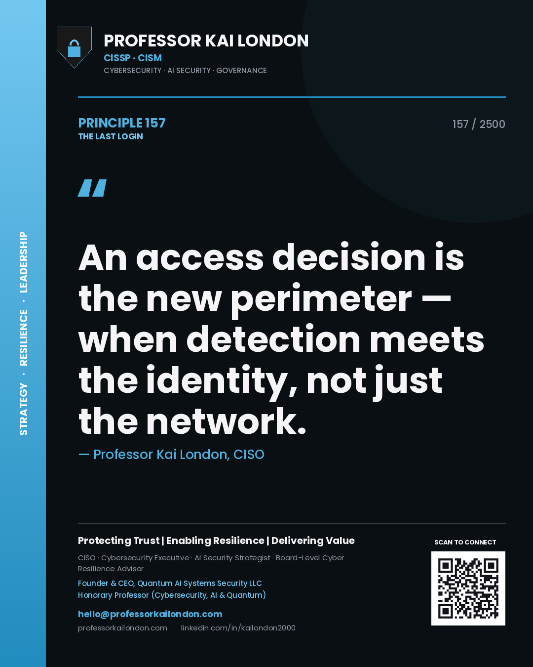 Quote card by Professor Kai London reading 'An access decision is the new perimeter — when detection meets the identity, not just the network.'. From the book The Last Login.