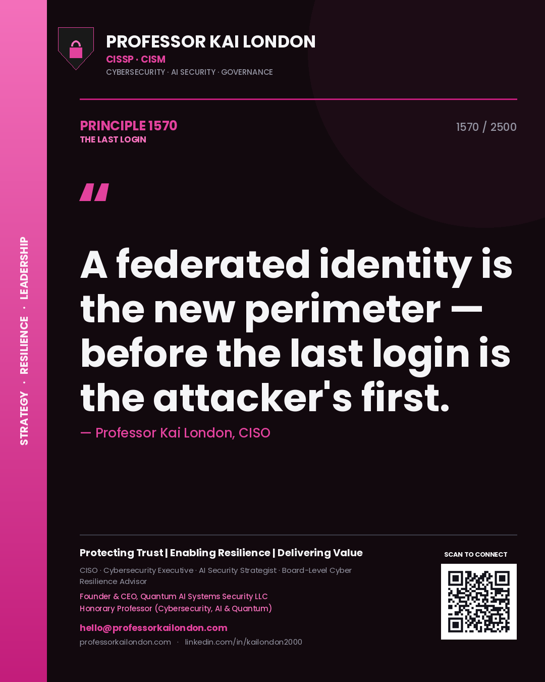 Quote card by Professor Kai London reading 'A federated identity is the new perimeter — before the last login is the attacker's first.'. From the book The Last Login.