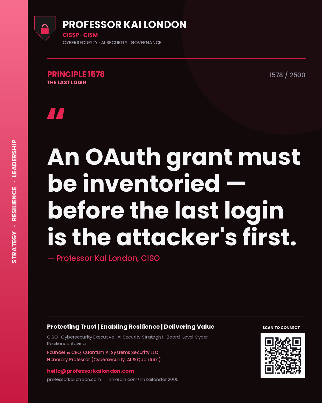 Quote card by Professor Kai London reading 'An OAuth grant must be inventoried — before the last login is the attacker's first.'. From the book The Last Login.