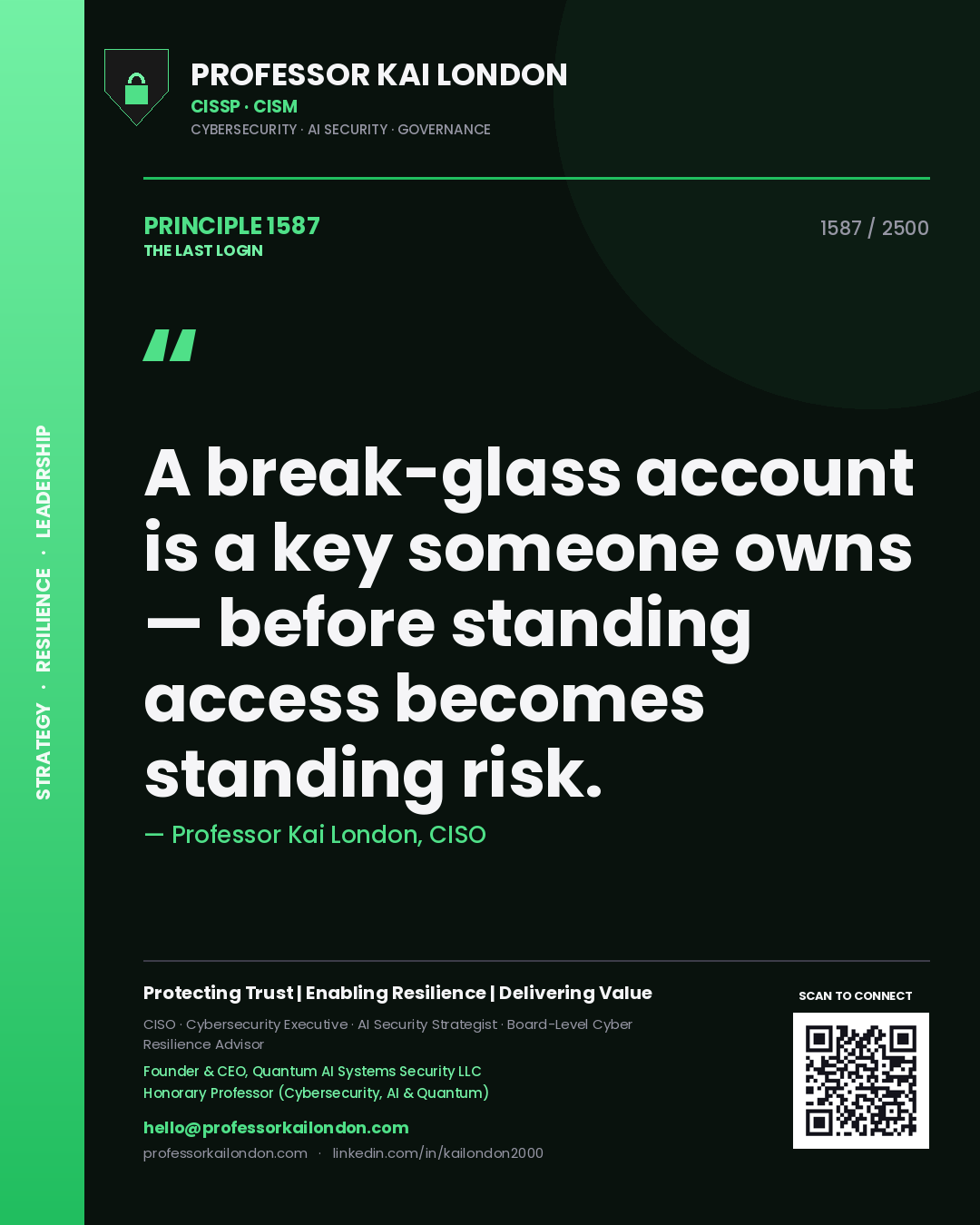Quote card by Professor Kai London reading 'A break-glass account is a key someone owns — before standing access becomes standing risk.'. From the book The Last Login.