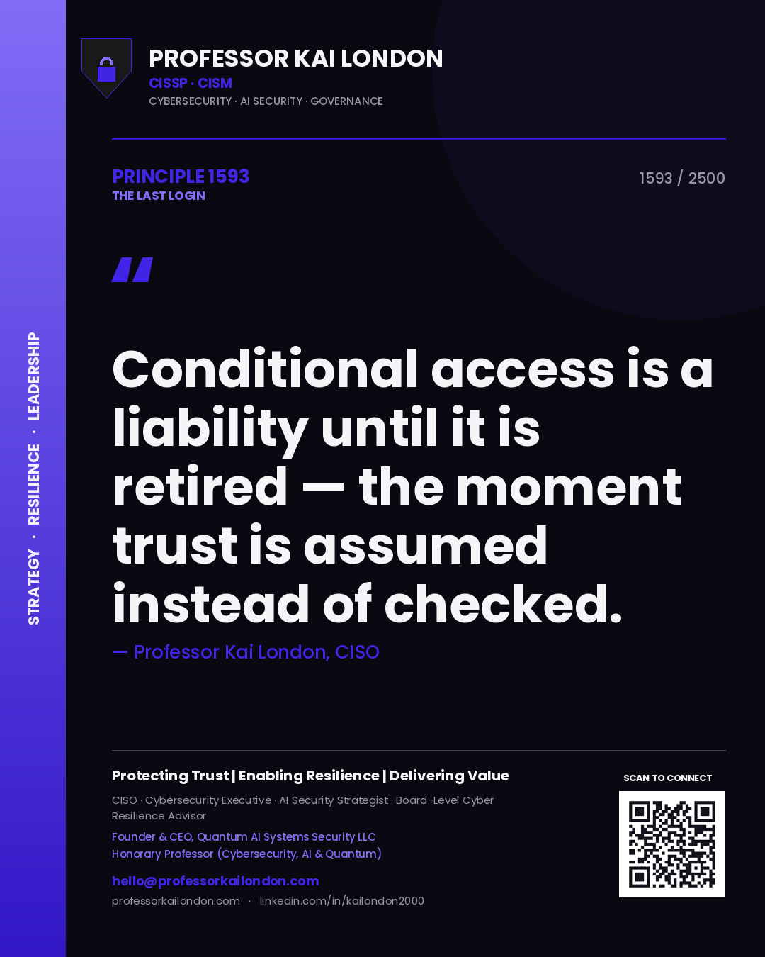 Professor Kai London principle 1593: Conditional access is a liability until it is retired — the moment trust is assumed instead of checked.