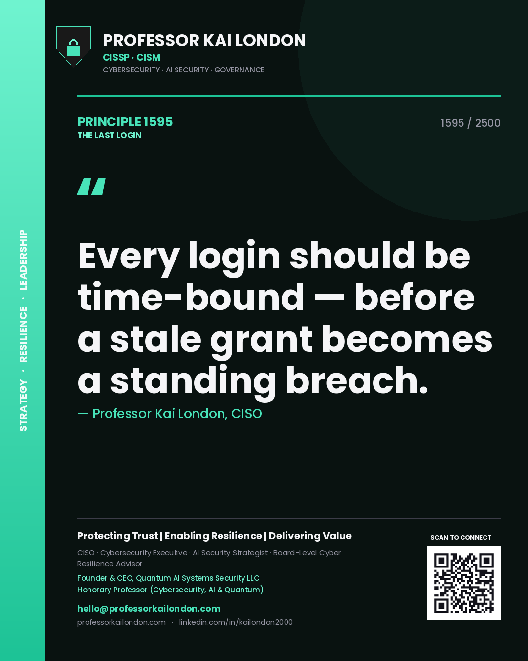 Professor Kai London principle 1595: Every login should be time-bound — before a stale grant becomes a standing breach.