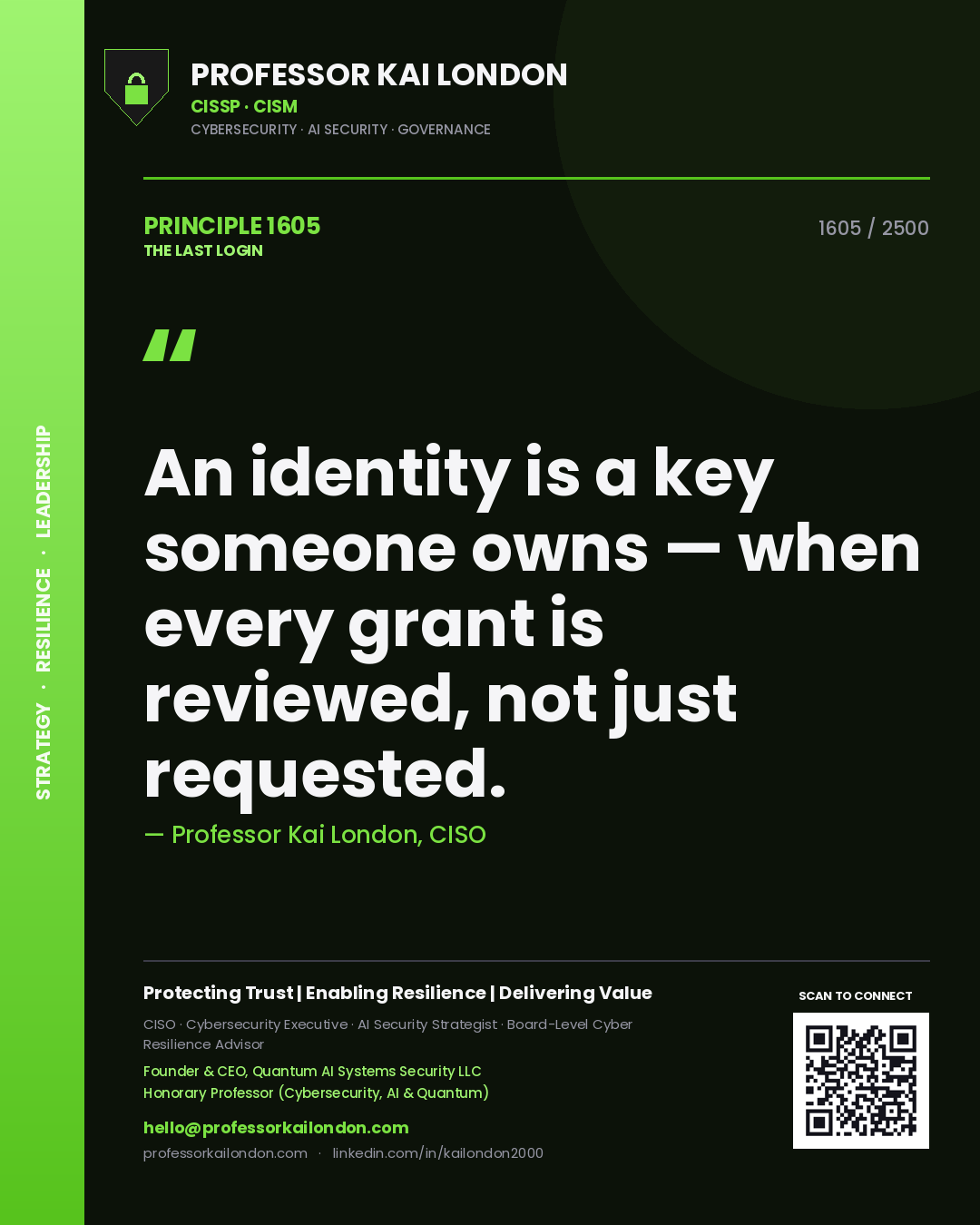Quote card by Professor Kai London reading 'An identity is a key someone owns — when every grant is reviewed, not just requested.'. From the book The Last Login.