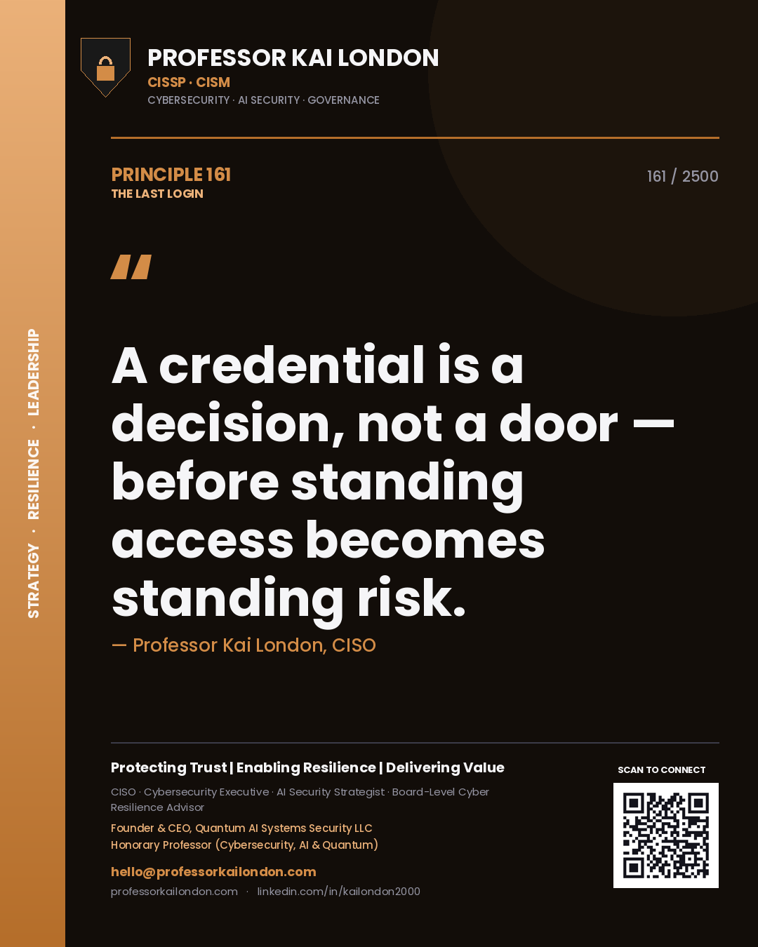 Professor Kai London principle 161: A credential is a decision, not a door — before standing access becomes standing risk.