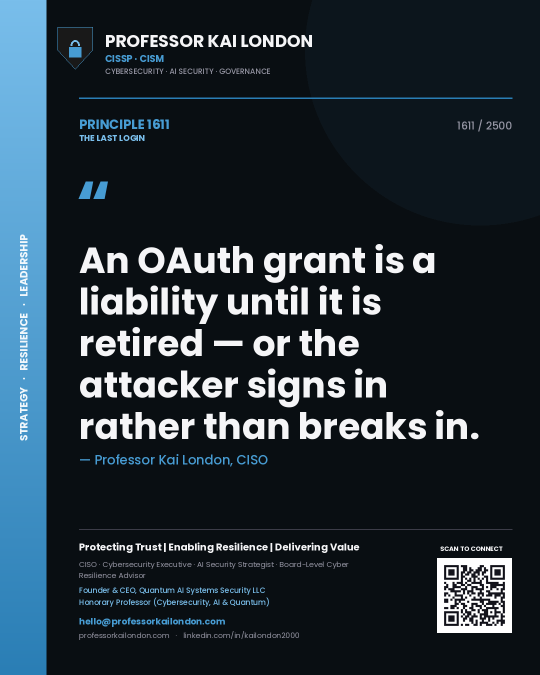 Quote card by Professor Kai London reading 'An OAuth grant is a liability until it is retired — or the attacker signs in rather than breaks in.'. From the book The Last Login.