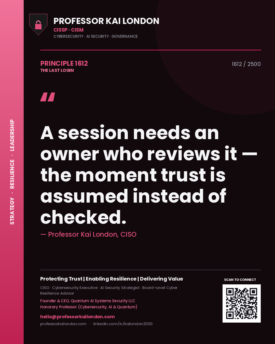Quote card by Professor Kai London reading 'A session needs an owner who reviews it — the moment trust is assumed instead of checked.'. From the book The Last Login.