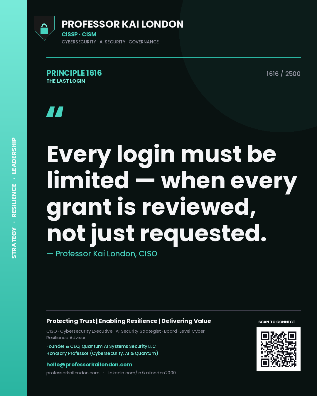 Quote card by Professor Kai London reading 'Every login must be limited — when every grant is reviewed, not just requested.'. From the book The Last Login.