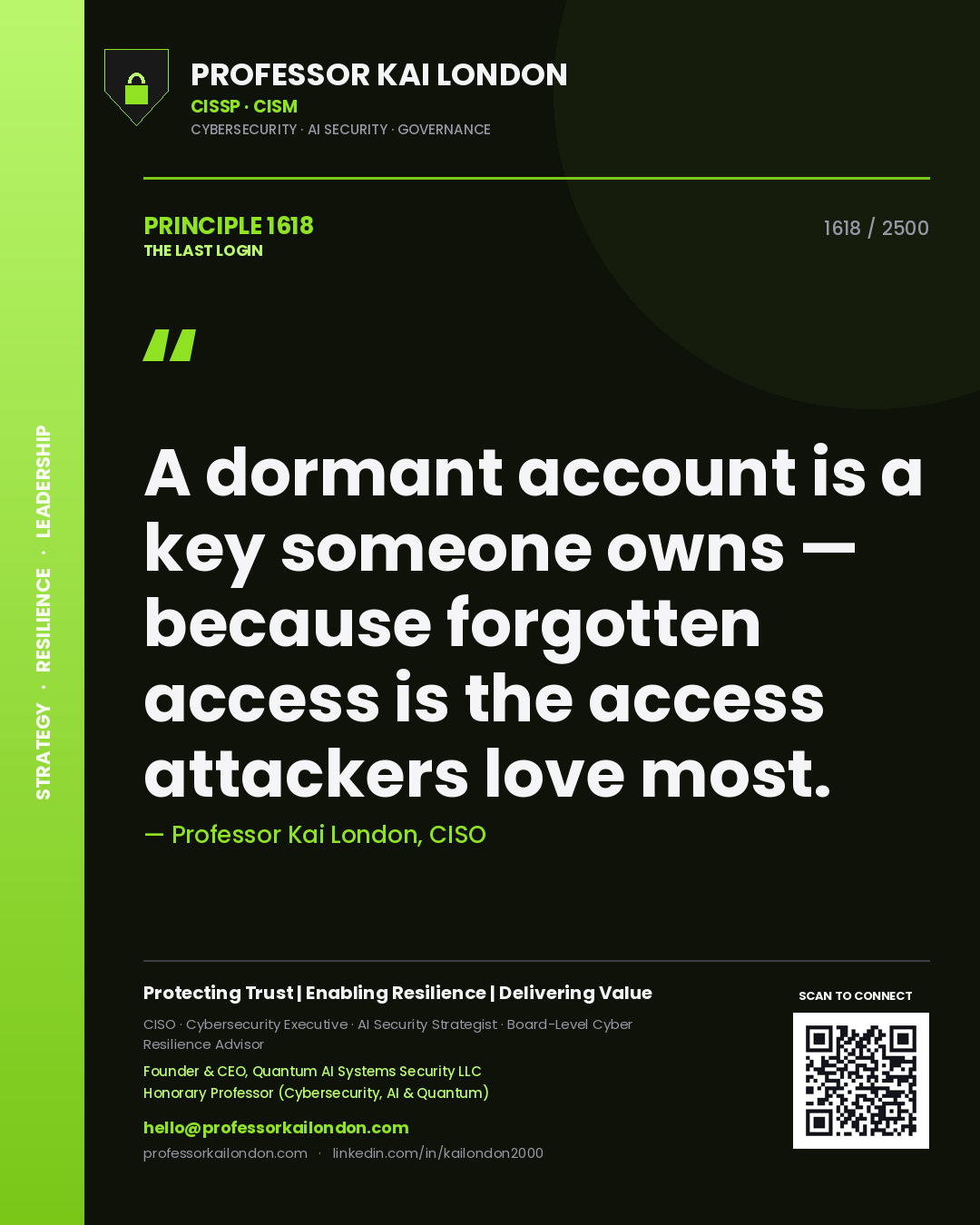 Quote card by Professor Kai London reading 'A dormant account is a key someone owns — because forgotten access is the access attackers love most.'. From the book The Last Login.