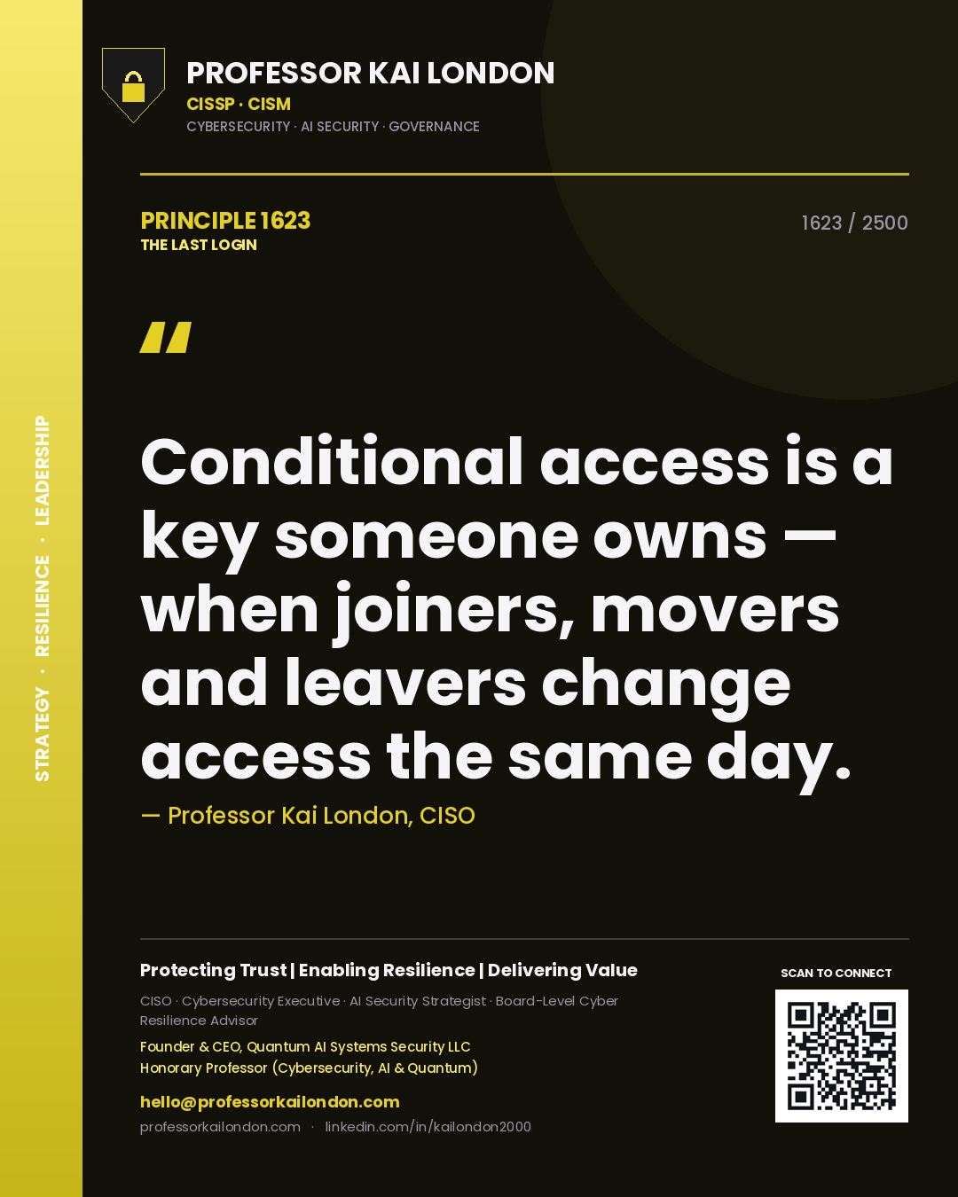 Quote card by Professor Kai London reading 'Conditional access is a key someone owns — when joiners, movers and leavers change access the same day.'. From the book The Last Login.