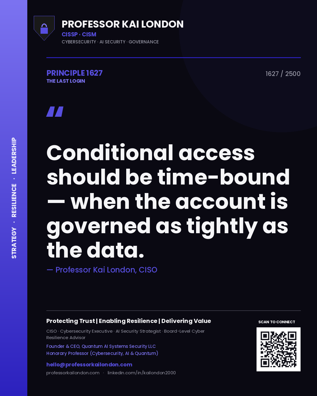 Quote card by Professor Kai London reading 'Conditional access should be time-bound — when the account is governed as tightly as the data.'. From the book The Last Login.